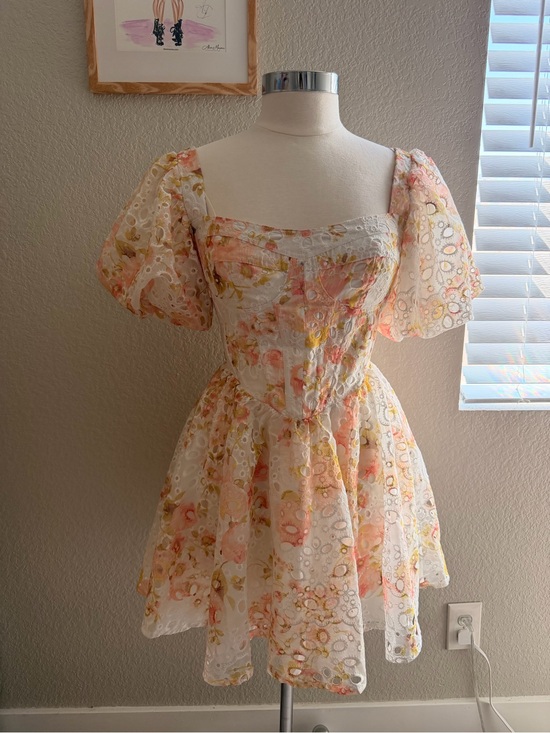 Altar'd State Dresses & Skirts - Altar'd State White Floral Eyelet Mini Dress with Pink & Yellow Accents